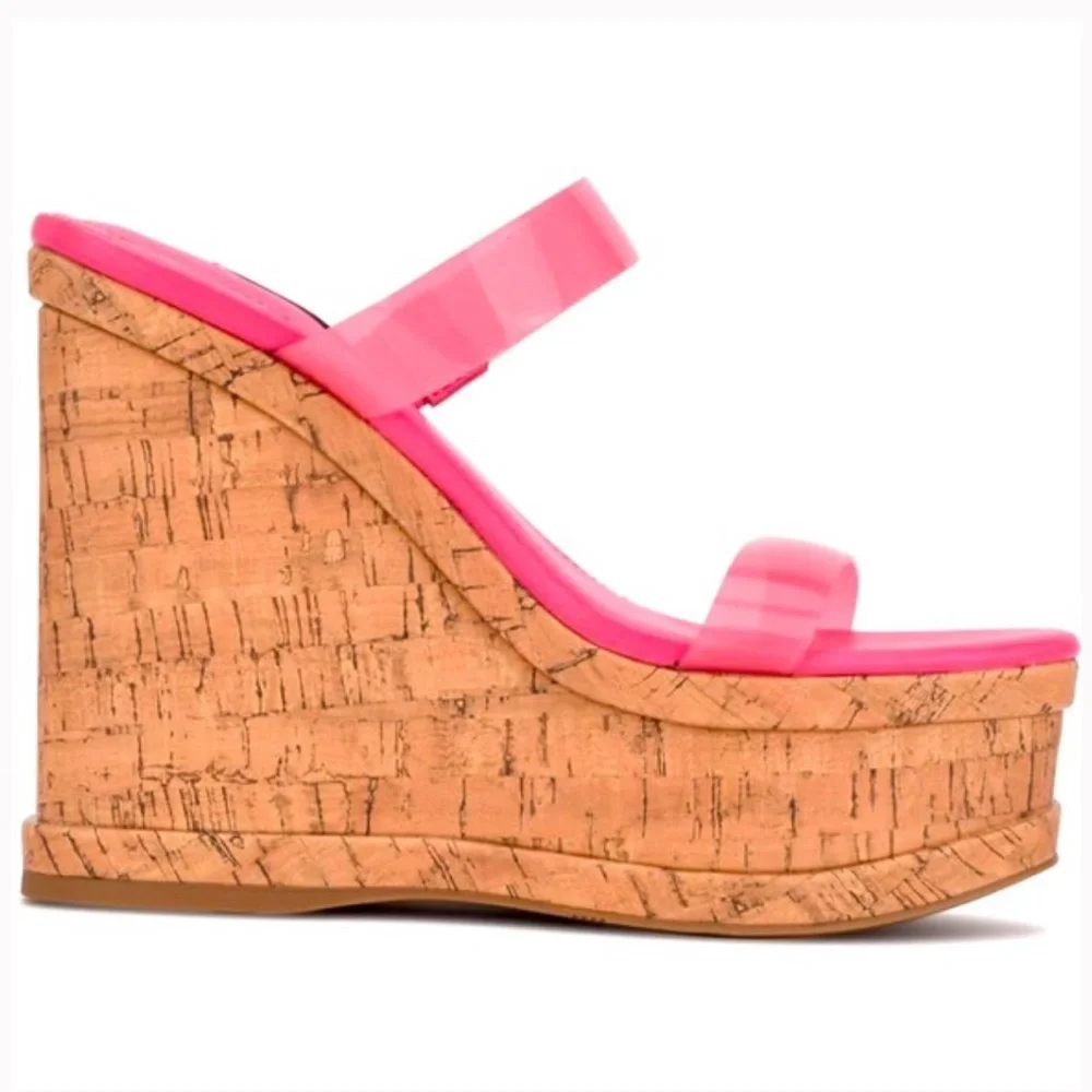 Nine West Rapps Pink Platform Faux Cork Wedge Sandal Size 8.5